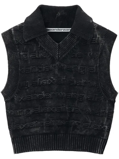 Shop Alexander Wang Cotton Vest With Intarsia Logo In Nero E Bianco