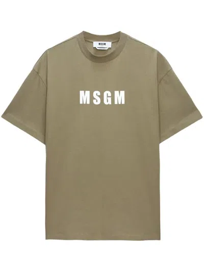 Shop Msgm Cotton T-shirt With Printed Logo In Green