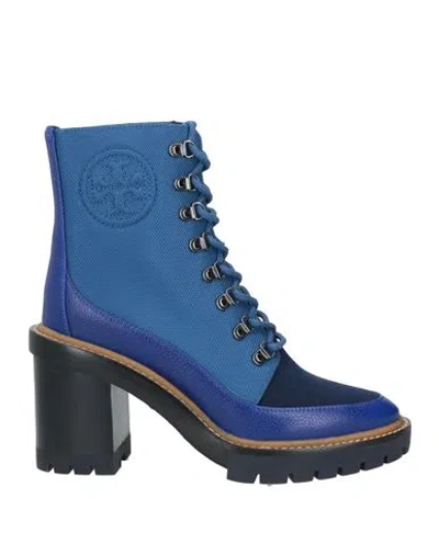 Tory Burch Woman Ankle Boots Azure Size 6.5 Leather, Textile Fibers In Blue