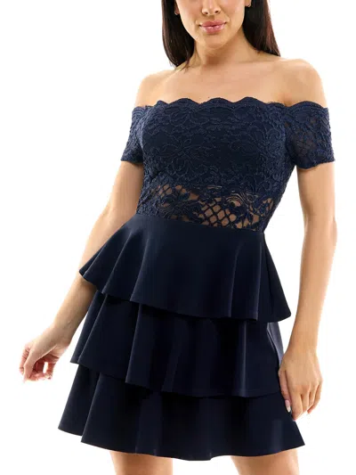 City Studios Juniors Womens Glitter Polyester Mini Dress In Blue
