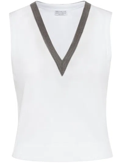 Shop Brunello Cucinelli Cotton V-necked Top In White