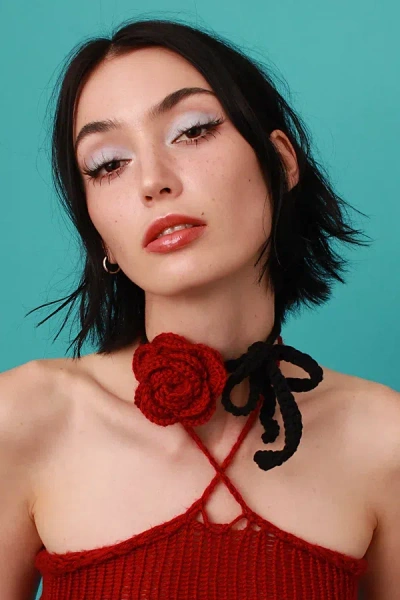 Velvet Luna Crochet Rose Choker In Maroon, Women's At Urban Outfitters In Red