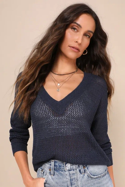 Lulus Idyllic Breeze Navy Blue Loose Knit V-neck Sweater Top In Navy Blue