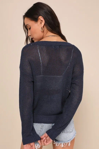 Lulus Idyllic Breeze Navy Blue Loose Knit V-neck Sweater Top In Navy Blue