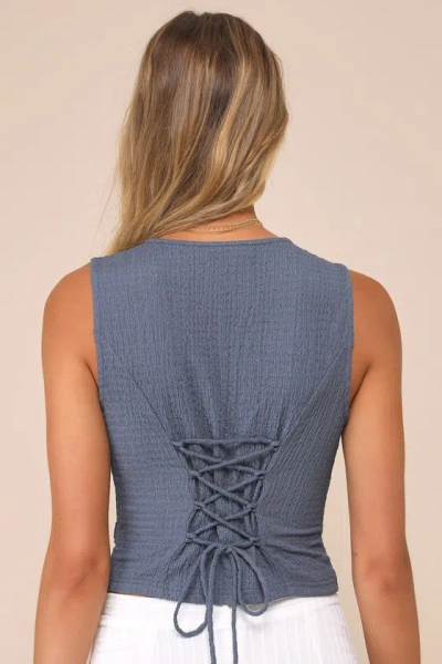 Lulus True Charm Dark Blue Textured Lace-up Sleeveless Vest Top In Dark Blue