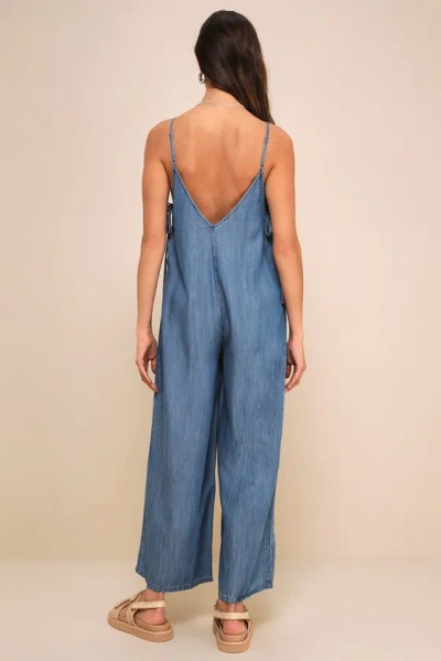 Lulus Comfortably Posh Medium Wash Chambray Wide-leg Jumpsuit In Blue