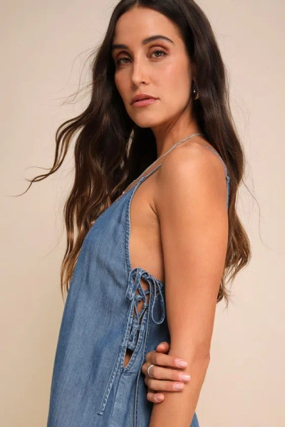 Lulus Comfortably Posh Medium Wash Chambray Wide-leg Jumpsuit In Blue
