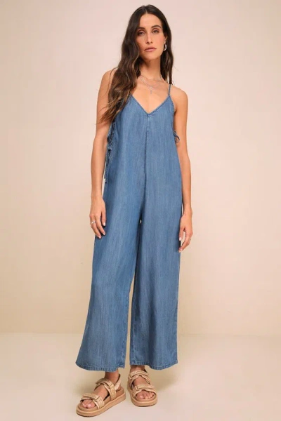 Lulus Comfortably Posh Medium Wash Chambray Wide-leg Jumpsuit In Blue