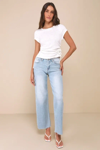 Lulus Sweet Forever Ivory Burnout Ruched Short Sleeve Tee In Ivory