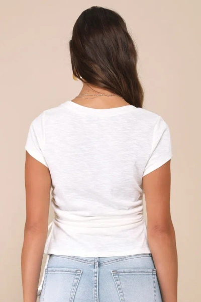 Lulus Sweet Forever Ivory Burnout Ruched Short Sleeve Tee In Ivory