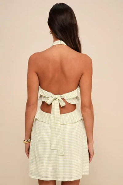Lulus Admirable Muse Green And White Gingham Ruffled Cutout Mini Dress In Green And White