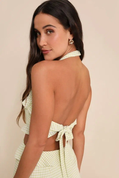 Lulus Admirable Muse Green And White Gingham Ruffled Cutout Mini Dress In Green And White