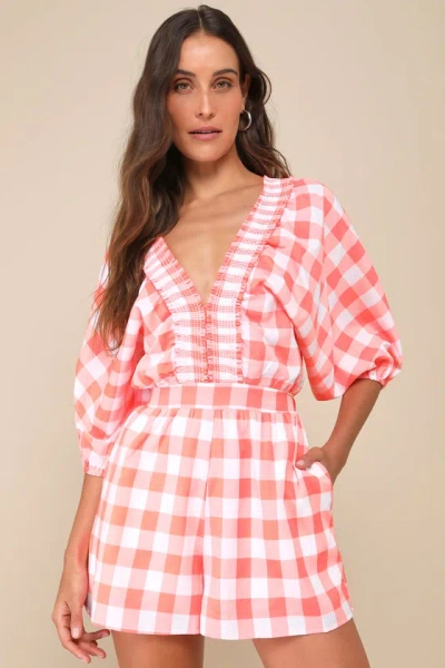 Lulus Cutest Viewpoint Neon Orange Gingham Dolman Sleeve V-neck Romper In Orange