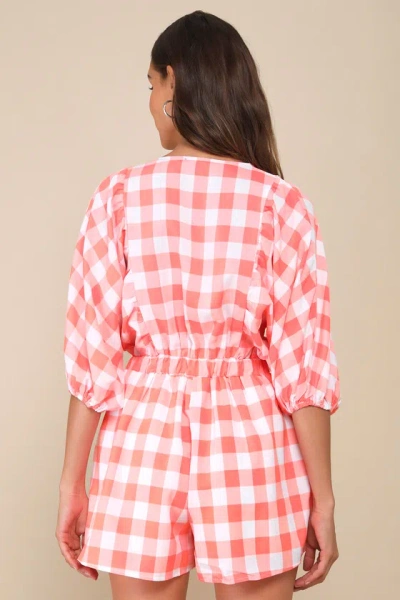 Lulus Cutest Viewpoint Neon Orange Gingham Dolman Sleeve V-neck Romper In Orange
