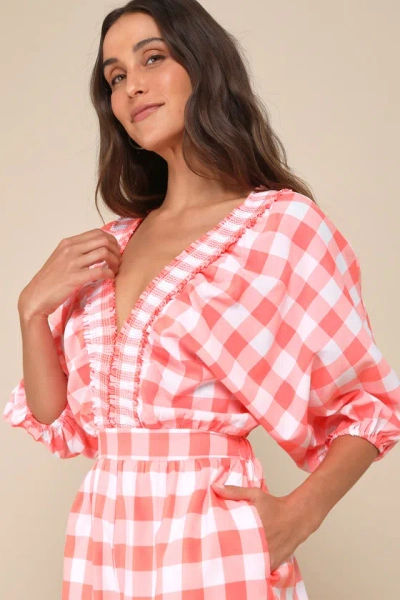 Lulus Cutest Viewpoint Neon Orange Gingham Dolman Sleeve V-neck Romper In Orange