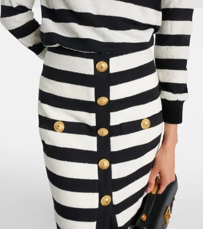 Balmain Striped Cotton Blend Jersey Long Skirt In White