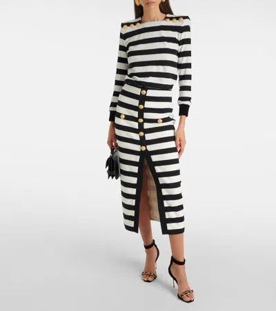Balmain Striped Cotton Blend Jersey Long Skirt In White