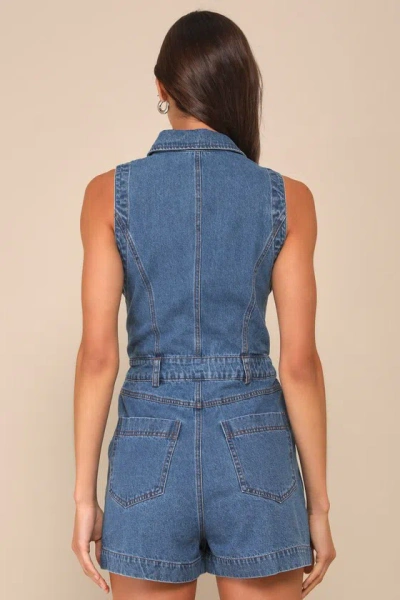 Lulus Irresistible Days Medium Wash Denim Collared Sleeveless Romper In Blue