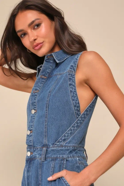 Lulus Irresistible Days Medium Wash Denim Collared Sleeveless Romper In Blue