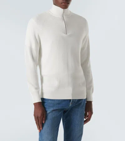 Shop Brunello Cucinelli Ribbed-knit Cotton Half-zip Sweater In White