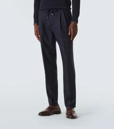 Shop Brunello Cucinelli Virgin Wool Flannel Straight Pants In Blue