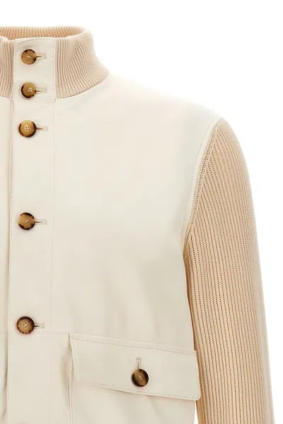 Shop Brunello Cucinelli Men Leather Jacket With Knit Inserts In White