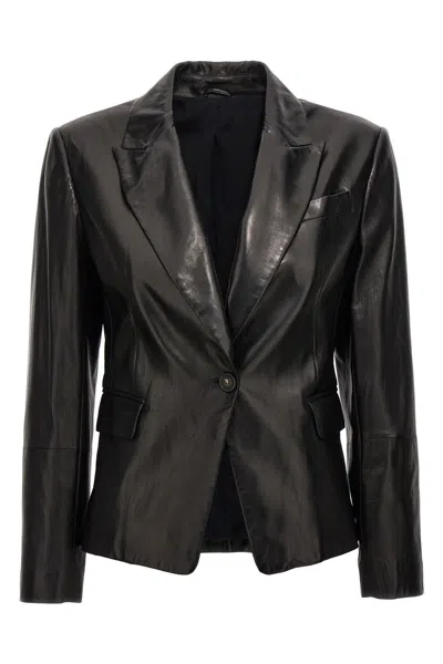 Shop Brunello Cucinelli Women Leather Blazer In Black