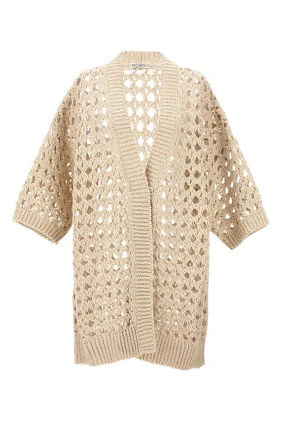 Brunello Cucinelli Openwork Knit Cardigan Sweater, Cardigans Beige In Cream