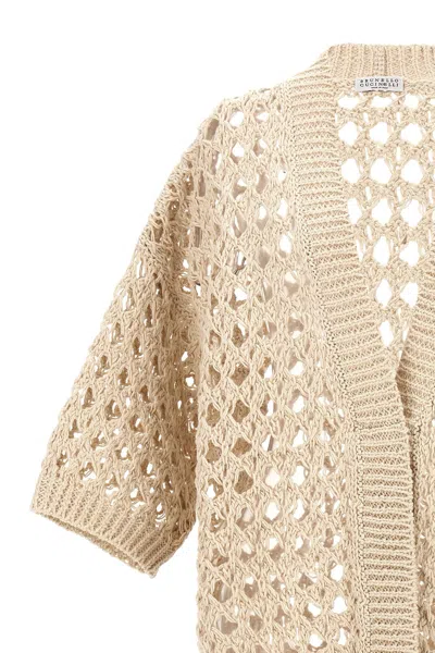 Brunello Cucinelli Openwork Knit Cardigan Sweater, Cardigans Beige In Cream