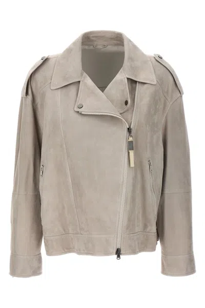 Shop Brunello Cucinelli Women Suede Jacket In Gray