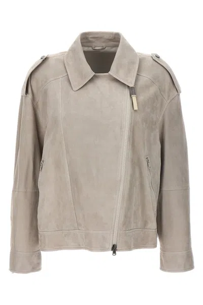 Shop Brunello Cucinelli Women Suede Jacket In Gray