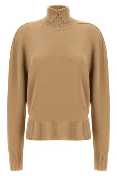 Burberry High-neck Wool Sweater With Logo Intarsia In Cream