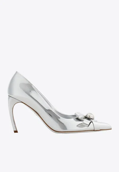 Ferragamo Brilda 85 Pumps In Patent Leather In Silver