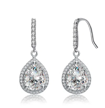 Rachel Glauber White Gold Plated With Clear Cubic Zirconia Raindrop Pear Halo Dangle Earrings In Silver