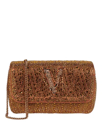 Versace Mini Crystal Virtus Crossbody Bag In Brown