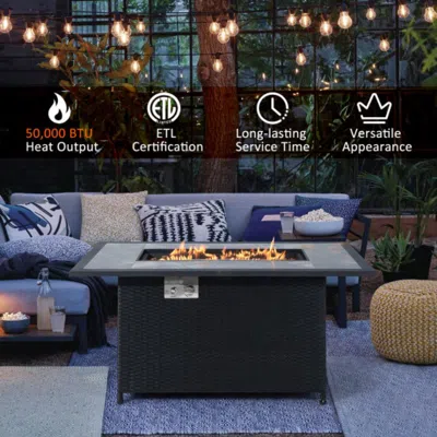 Hivvago 52 Inch Rattan Wicker Propane Fire Pit Table With Rain Cover And Lava Rock-black