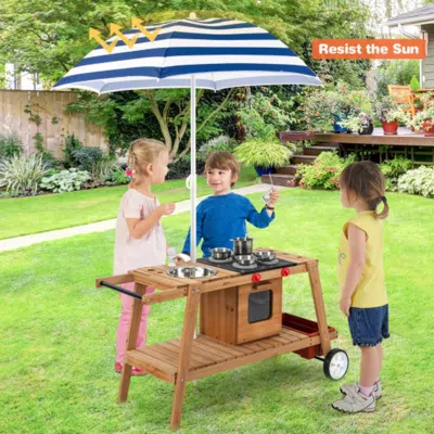 Hivvago Wooden Play Cart With Sun Proof Umbrella For Toddlers Over 3 Years Old-blue