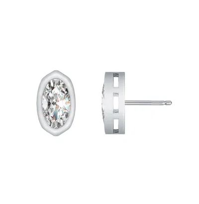 Rachel Glauber Oval White Gold Plated Stud Earrings With Clear Cubic Zirconia In Silver