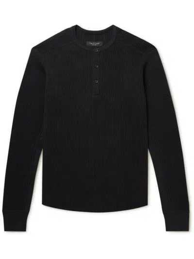 Rag & Bone Waffle-knit Cotton Henley T-shirt In Black