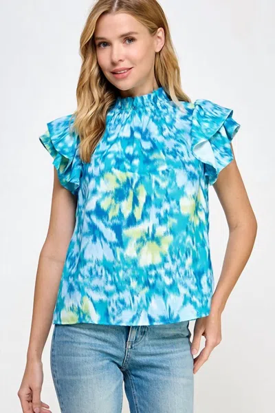 2 Hearts Apparel Ruffled Neckline Top In Teal In Blue