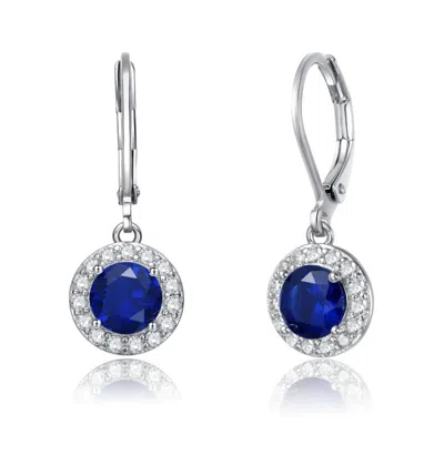 Rachel Glauber Rhodium Plated Cz Drop Earrings In Blue