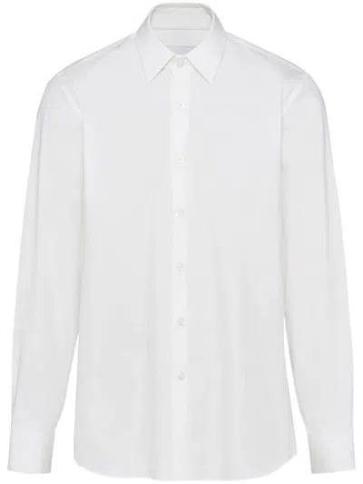 Prada Mens White 100% Cotton Poplin Shirt With Nacre Buttons And Side Slits In Bianco