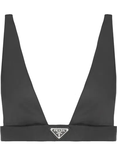 Prada V-neck Logo Plaque Bralette Top In Nero