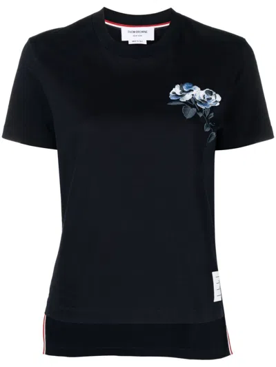 Thom Browne Rose-embroidered Cotton T-shirt In Navy