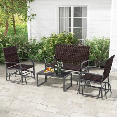 Hivvago 4 Piece Patio Gliding Set Wicker Swing Glider Furniture Set All Weather Witrh Tempered Glass Coffee 