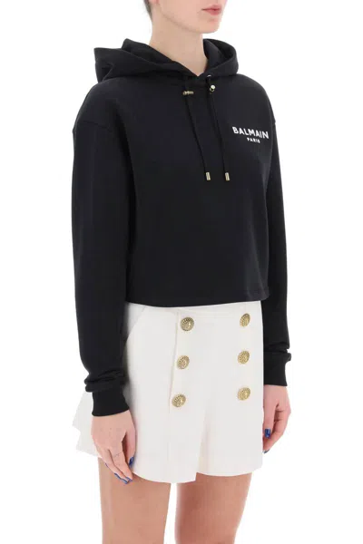 Shop Balmain Cropped Hoodie With Flocked Logo In Black