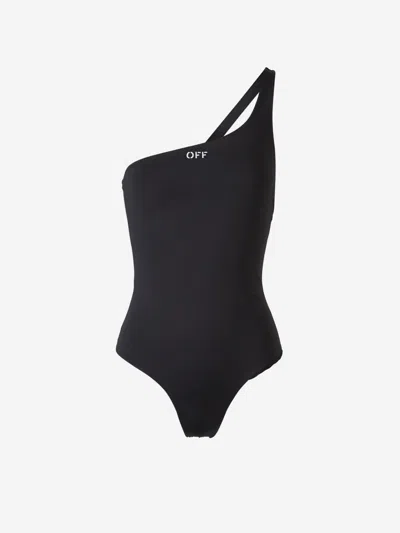 Shop Off-white Asymmetrical Logo Swimsuit In Black