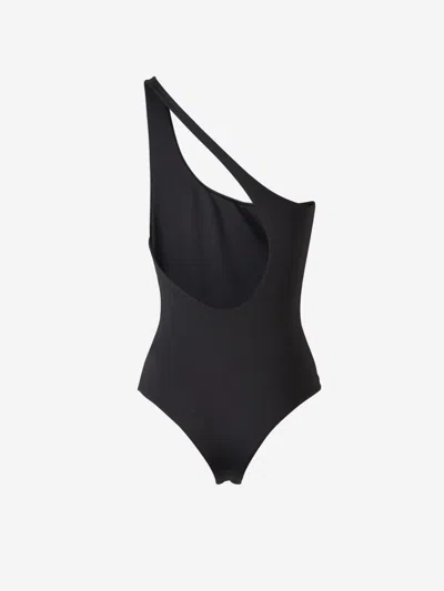 Shop Off-white Asymmetrical Logo Swimsuit In Black