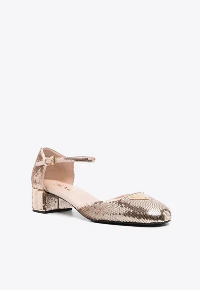 Prada Pink Sequined Pumps In Gold