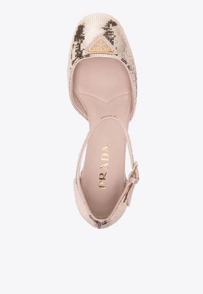 Prada Pink Sequined Pumps In Gold